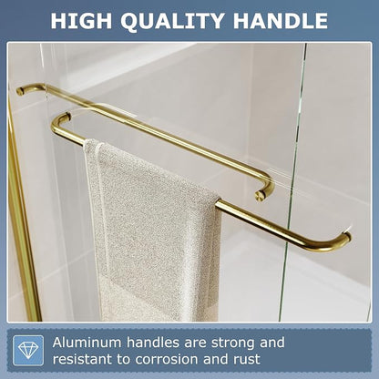 SUNNY SHOWER Double Sliding Glass Door 54" W x 72" H Shower Door 1/4" Tempered Glass Sliding Door Semi-Frameless Shower Glass Enclosure Bypass Walk in Shower Cabin, Brushed Gold