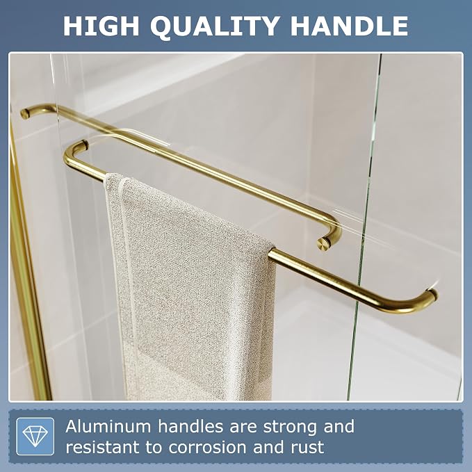 SUNNY SHOWER Double Sliding Glass Door 60" W x 72" H Shower Door 1/4" Tempered Glass Sliding Door Semi-Frameless Shower Glass Enclosure Bypass Walk in Shower Cabin, Brushed Gold