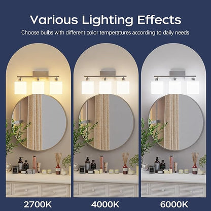 PARTPHONER Bathroom Light Fixtures, Bathroom Lighting Fixtures Over Mirror, Classic Vanity Lights, Modern Vanity Light with Textured Frosted Opal White Glass Shades, Brushed Nickel, 3-Light