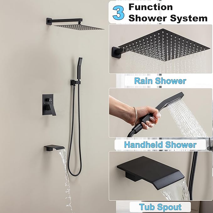 Shower System with Tub Spout, 10-Inch High-Pressure Rain Showerhead and Handheld Combo, Matte Black Shower Faucet Set with Rough-in Valve and Trim, Wall Mounted 3-Way Shower Set