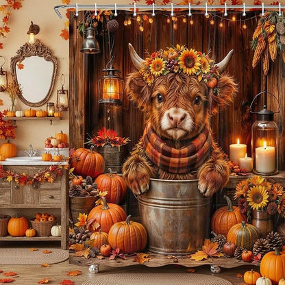 Fall Highland Cow Shower Curtain, Autumn Thanksgiving Pumpkin Funny Cow Rustic Barn Door Shower Curtain Set Bathroom, Western Farmhouse Brown Wood Board Harvest Fabric Bath Decor with Hooks,70X70IN