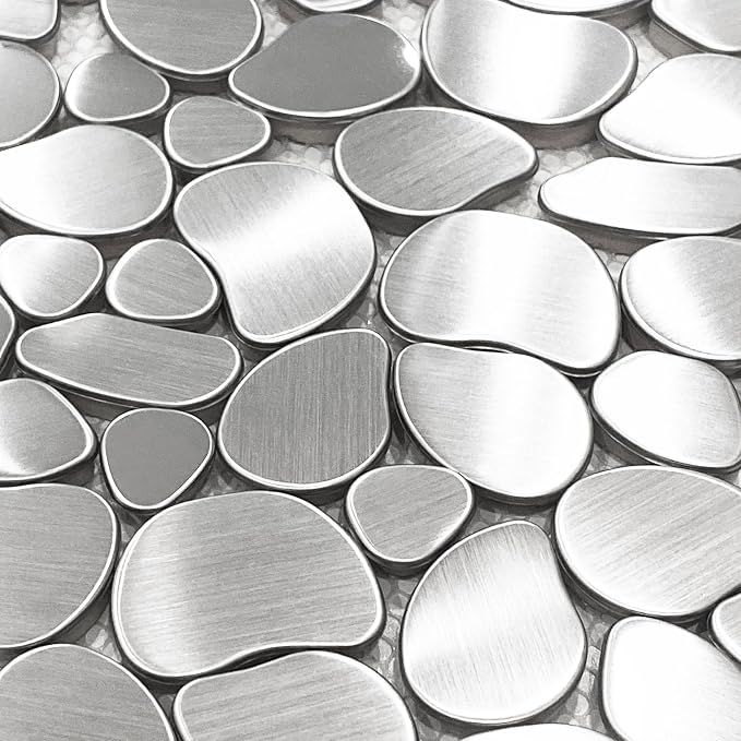 Metal Pebble Mosaic Tiles, 5 Sheets Stainless Steel Backsplash Tile Mesh Mounted, Silver Metal Tile for Kitchen Bath Backsplash Shower Floor