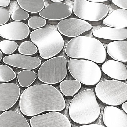 Metal Pebble Mosaic Tiles, 5 Sheets Stainless Steel Backsplash Tile Mesh Mounted, Silver Metal Tile for Kitchen Bath Backsplash Shower Floor