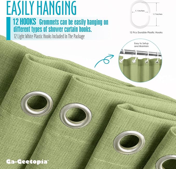 Ga-Geetopia Linen Textured Shower Curtain Set with Hooks, Hotel Luxury, Weighted Hem, 72W x 72L, Sage Green