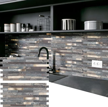 Yipscazo 40 Sheets Peel and Stick Stone Metal Backsplash, PVC Wall Tiles Stick on Tiles for Backsplash Kitchen, Bathroom, Fireplace (6'' X 12'', Ecru Rustic)