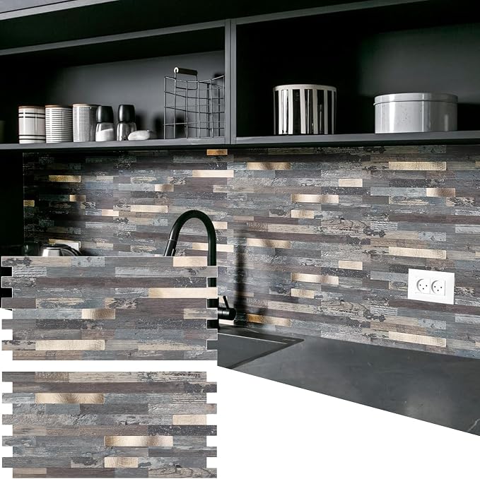 Yipscazo 20 Sheets Peel and Stick Stone Metal Backsplash, PVC Wall Tiles Stick on Tiles for Backsplash Kitchen, Bathroom, Fireplace (6'' X 12'', Ecru Rustic)