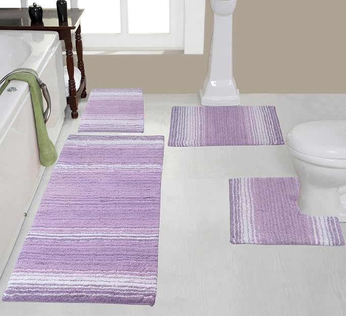 Home Weavers 100% Cotton Gradiation Collection Bathroom Décor | Washable Rug | Bathroom Mat | Kitchen Mat | Bathroom Rug Set | Bath Mat Set | Bath Floor Mat Non Slip, 4 Piece Set with Runner, Purple