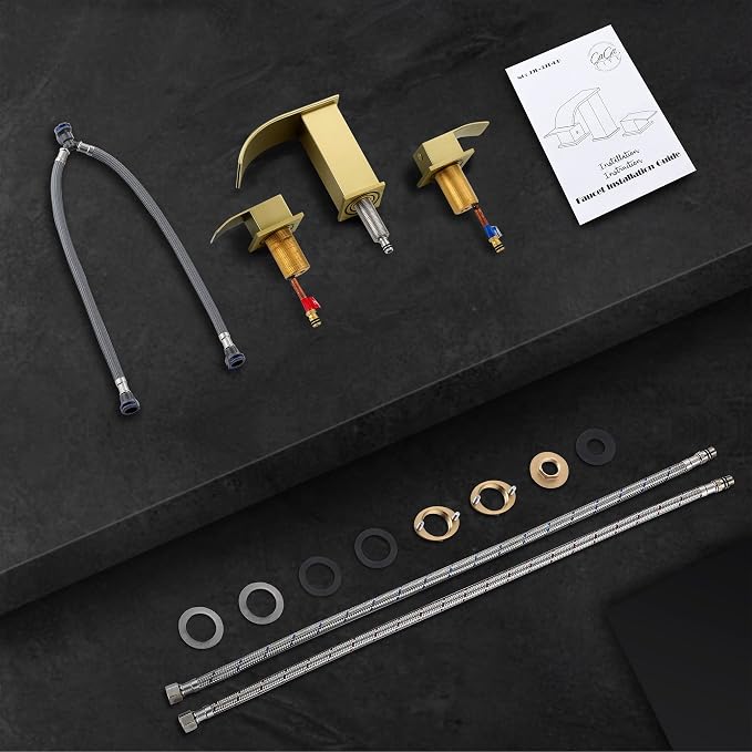 Brushed Gold 8 Inch Waterfall Bathroom Faucet - Bathroom Faucets for Sink 3 Hole, Widespread Bathroom Sink Faucet 2 Handles, Modern Vanity Faucets, with cUPC Supply Lines
