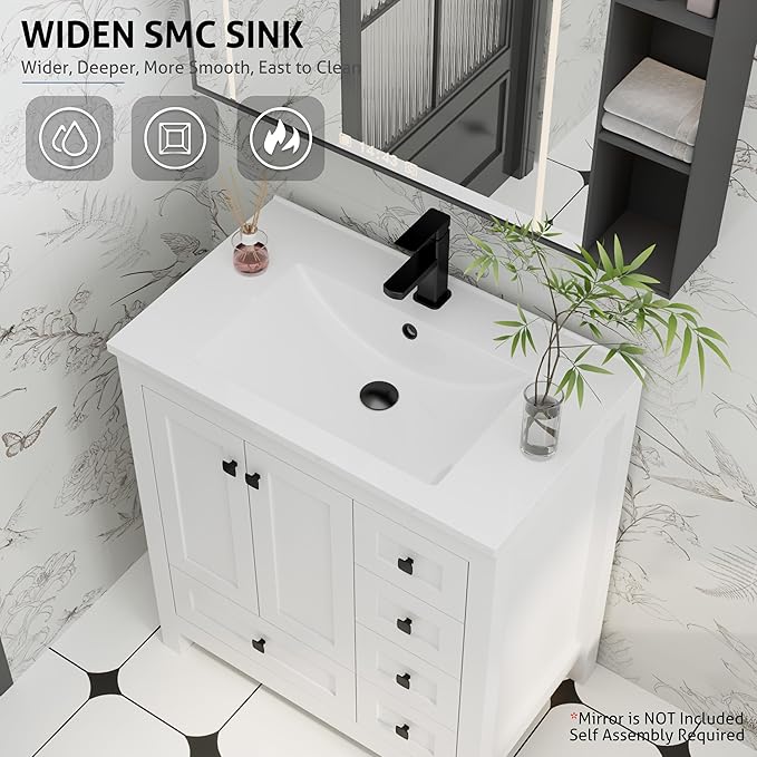 eclife 30" Bathroom Vanities with Sink Combo, Modern Thickened Wood Bathroom Storage Cabinet w/Undermount Sink, Matte Black Faucet Drain, Painted Surface, White
