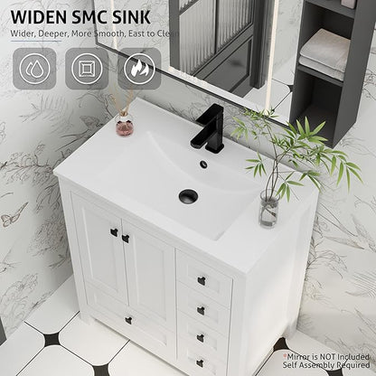 eclife 30" Bathroom Vanities with Sink Combo, Modern Thickened Wood Bathroom Storage Cabinet w/Undermount Sink, Matte Black Faucet Drain, Painted Surface, White