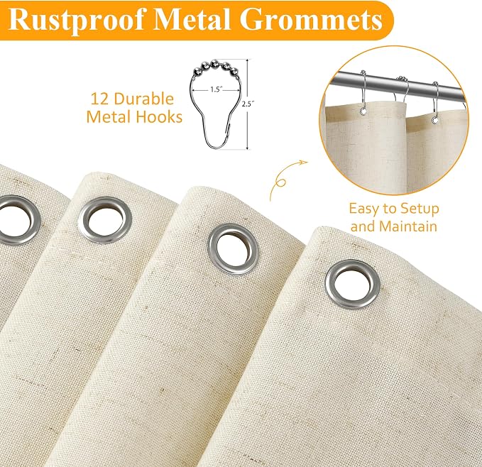 Warm Beige Linen Shower Curtain, Country Boho Farmhouse Bath Decor Shower Curtains Neutral Cloth Weighted Textured Fabric Bath Curtain Liner with Hooks, 72x96