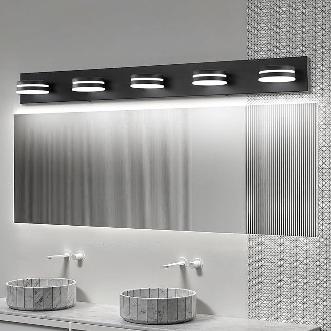 5-Light Bathroom Vanity Light, Modern LED Bathroom Light Fixture Over Mirror, Matte Black Bath Wall Lighting, Dimmable 5500K Vanity Lighting Fixture with 360°Rotable Head