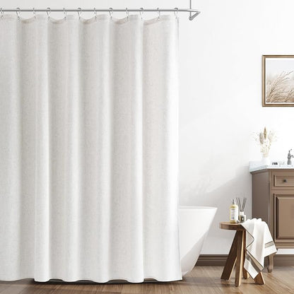 Natural Linen Shower Curtain, Country Boho Farmhouse Bath Decor Shower Curtains Neutral Cloth Weighted Textured Fabric Bath Curtain Liner with Hooks, Beige White, 72x72