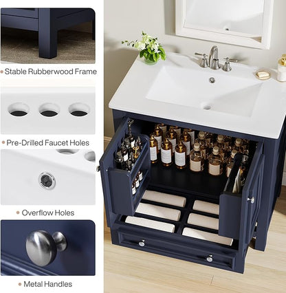 Tribesigns 30" Modern Bathroom Vanity with Sink, Freestanding Bathroom Vanities Cabinet with Ceramic Basin Combo, Bathroom Sink Cabinet with 2 Doors and 1 Drawer, Solid Wooden Frame, Navy Blue