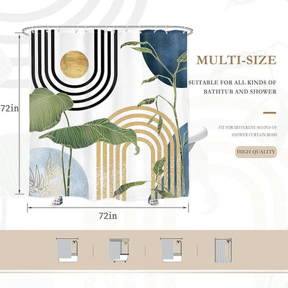 Glawry Navy Blue Boho Shower Curtain Mid Century Abstract Light Blue Tropical Palm Botany Sun Arch Plant Minimalist Bathroom Modern 72Wx72L Inches Bath Accessories Art Home Decor Fabric 12 Pack Hook