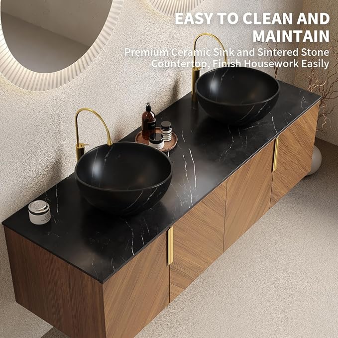 LKTART 60 Inch Bathroom Vanity Double Sink, Double Sink Bathroom Vanity with Black Bowl Ceramic Basins, 4 Doors Modern Wall Mounted Bathroom Storage Cabinet, Black Sintered Stone Countertop, Brown