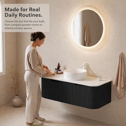 48 Inch Bathroom Vanity with Sink, Floating Wall Mounted Single Sink Vanity, Black Curved Fluted Front, Stone Top, Pure White Round Vessel Basin, Pre-Assembled