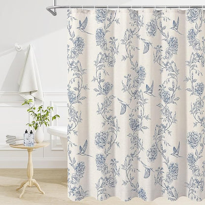 MitoVilla Blue Farmhouse Shower Curtain Set, Cotton Floral Hummingbird Cottagecore Spring Shower Curtains for Bathroom, Modern Country Bathroom Décor, 72" W x 72" L