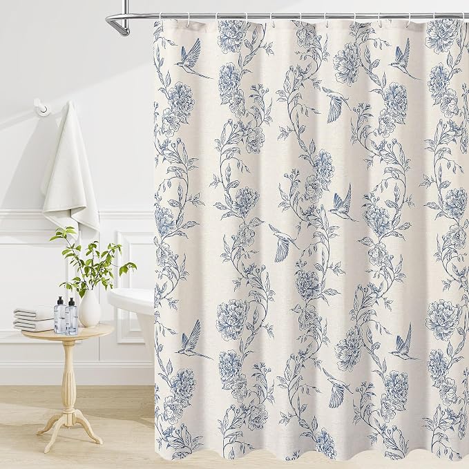 MitoVilla Small Stall Blue Cotton Shower Curtain for Bathroom,36 x 72 | Narrow Half Cottagecore Hummingbird Spring Shower Curtains, Modern Farmhouse Country Floral Bathroom Décor, 36 x 72