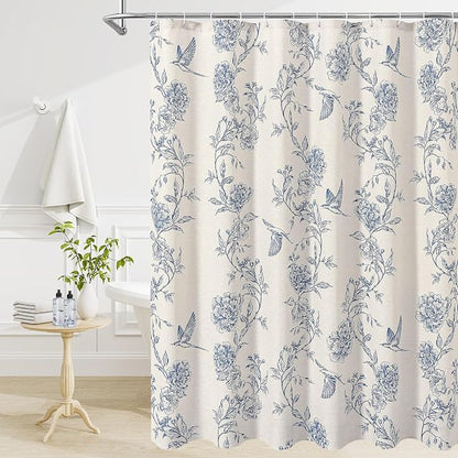 MitoVilla Small Stall Blue Cotton Shower Curtain for Bathroom,36 x 72 | Narrow Half Cottagecore Hummingbird Spring Shower Curtains, Modern Farmhouse Country Floral Bathroom Décor, 36 x 72