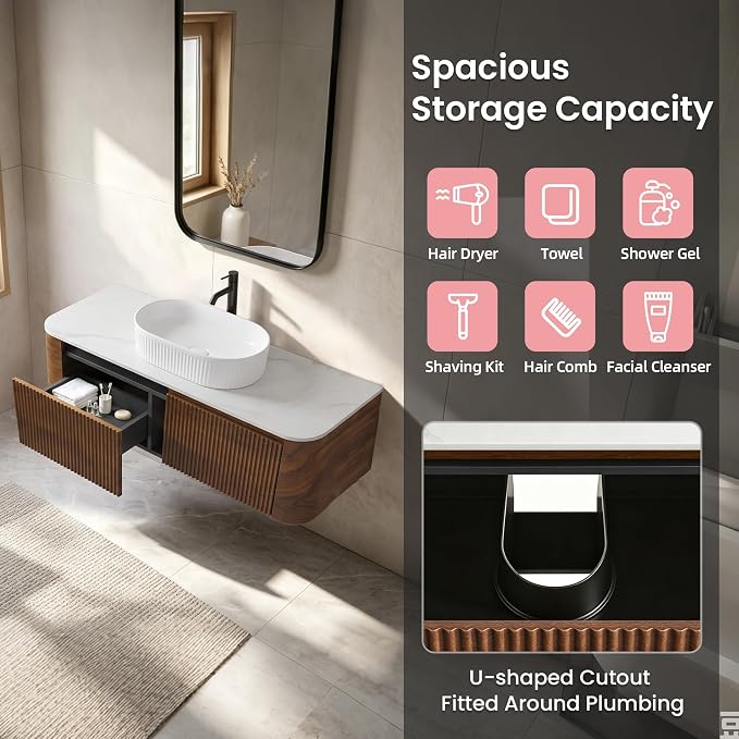 48" Floating Bathroom Vanity with White Sink, Rounded Edge, Walnut | Pre-Assembled Fluted Wall Mounted Vanity with Ceramic Vessel Sink, Rounded Edges, Soft-Close Drawer & Towel Rack