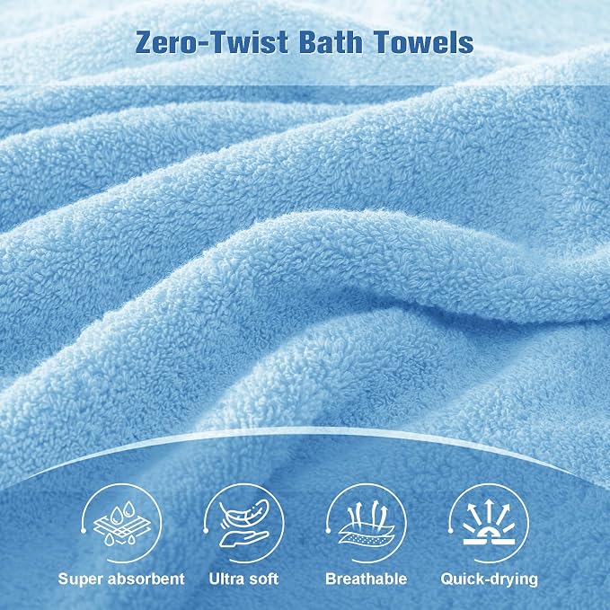COZYART Bath Towel Set 6 PCS, Sky Blue 100% Turkish Cotton 650GSM Soft | Absorbent Quick Dry, OEKO‑Tex 100 Cert. Zero Twist Ring Spun Cotton, Plush Fluffy, Breathable Hotel Quality Bathroom Towels
