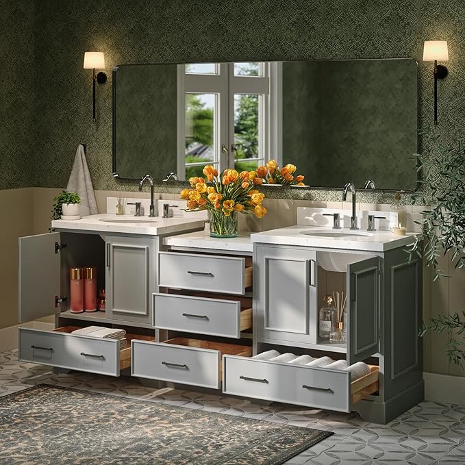 ARIEL Stafford 84-inch Bathroom Vanity with Sink,Solid Wood, 1.5in Carrara White Quartz Countertop & Backsplash, Double Oval Porcelain Sink, 4 Soft Closing Doors, 5 Dovetail Drawers, Grey