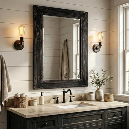Rustic Black 24x36 Inch Wood Bathroom Vanity Mirror, Rivets | Industrial farmhouse, beveled glass edge, deep charcoal grain, single-sink bathrooms, hallways and entry consoles