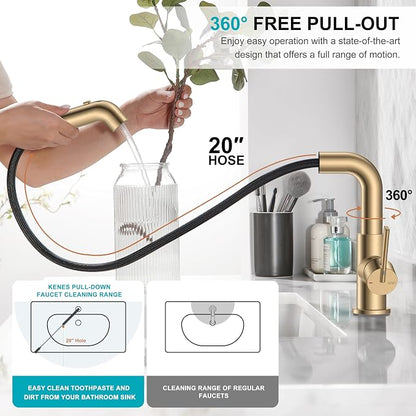 Champagne Bronze Pull Down Bathroom Faucet 1 Handle Vanity Faucet | Pull Out Bathroom Faucet with Pop Up Drain & 6 Inch Deck Plate, Lead-Free cUPC & NSF Certified, 1 Hole Faucet for Vanity RV