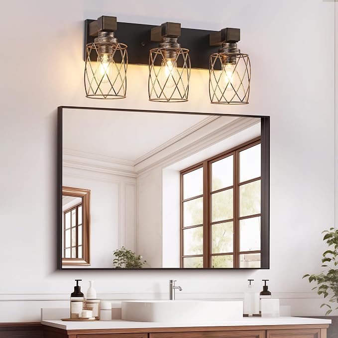 3-Light Black Gold Farmhouse Vanity Light, Wood & Metal Cage Shade | Mounted Over Mirror, Industrial Rustic Style, Ideal for Bathroom, Bedroom, Hallway & Living Room, Easy To Install