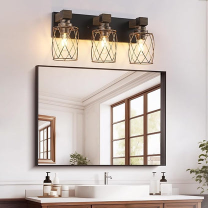 3-Light Black Gold Farmhouse Vanity Light, Wood & Metal Cage Shade | Mounted Over Mirror, Industrial Rustic Style, Ideal for Bathroom, Bedroom, Hallway & Living Room, Easy To Install