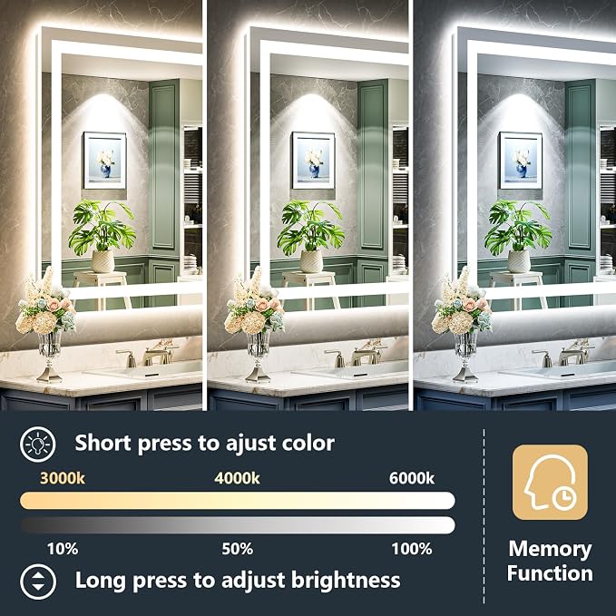 20x28 LED Bathroom Mirror with Lights, Lighted Vanity Mirror | Backlit and Front Light, Anti-Fog, 3 Color Dimmable, Memory, Tempered Glass, IP54 Waterproof, UL Listed