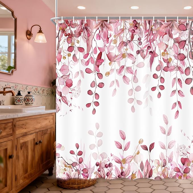 Extra Long Eucalyptus Shower Curtain 72X84 Inch, Pink Watercolor Plants Leaves Floral Tall Bathroom Curtains, Botanical Foliage Waterproof Fabric Cloth Shower Curtain Set with Hooks