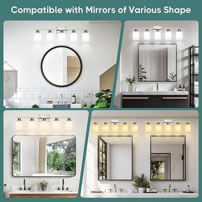 Ascher Bathroom Light Fixtures, 5-Light Vanity Light Over Mirror, Brushed Nickel Wall Sconces with Milky White Frosted Glass Shades, Wall Lamp for Living Room Bedroom, E26 Base(Bulbs Not Included)