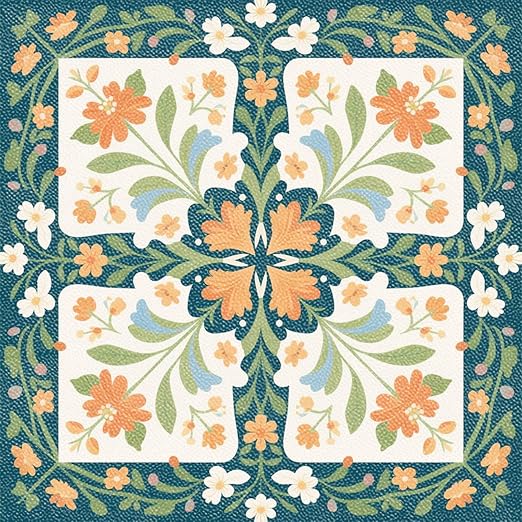 Teal Orange Floral Peel and Stick Floor Tiles 12x12 Inch 10PCS | Teal orange cream floral geometric pattern vinyl floor stickers for kitchen bathroom entryway and indoor home decor