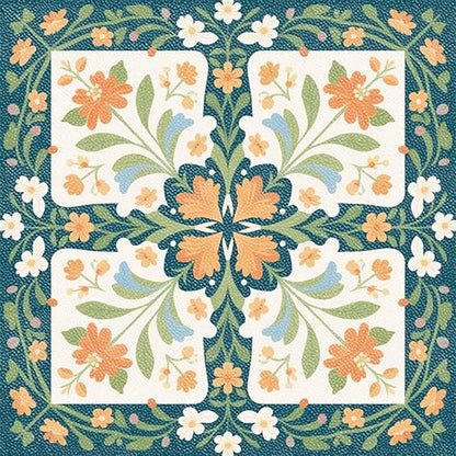 Teal Orange Floral Peel and Stick Floor Tiles 12x12 Inch 10PCS | Teal orange cream floral geometric pattern vinyl floor stickers for kitchen bathroom entryway and indoor home decor
