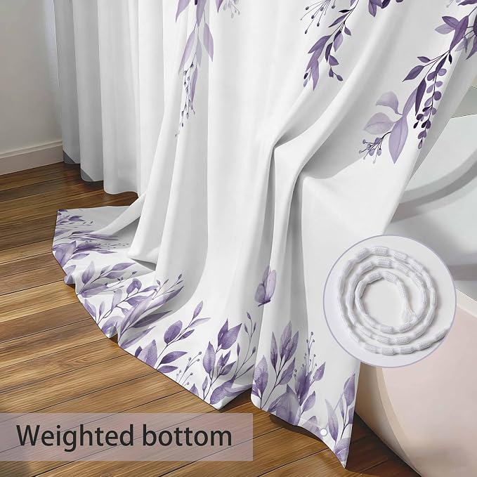 Light Purple Floral Eucalyptus Shower Curtain with Hooks, 72x72 Inch