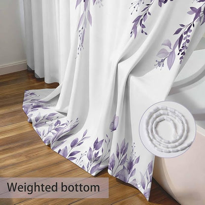 Light Purple Floral Eucalyptus Shower Curtain with Hooks, 72x84 Inch