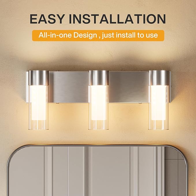 Tribesigns LED Bathroom Light Fixtures, 3-Light Vanity Lights Over Mirror, Wall Lights with 3 Color Modes & Sand Nickel Finish, Wall Sconces with Clear Glass Shades for Bathroom Hallway Bedroom