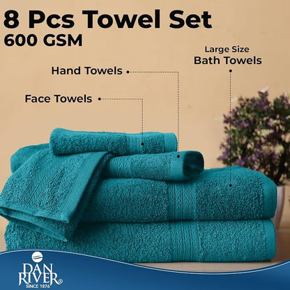 DAN RIVER 8 Piece Luxury Bath Towels for Bathroom, Towel Set, Teal | 2 Bath towels, 2 Hand towels, and 4 Wash Cloths, 600 GSM 100% Ring Spun Cotton, Highly Absorbent, Gym, Hotel, guest, and Spa