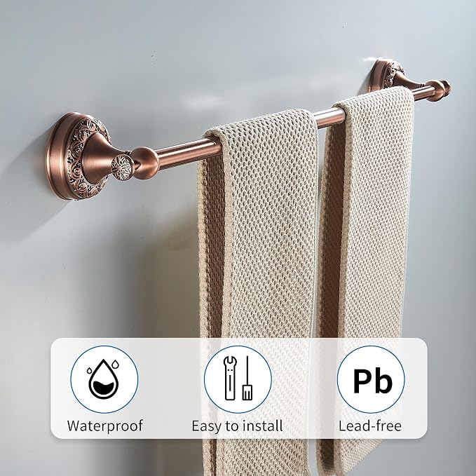 Red Copper Towel Bar, Adjustable 15.5 to 27.5 Inch Bath Towel Rack for Bathroom Towel Holder, Wall Mounted Black Bathroom Hardware Accessories,Pattern Carving Design