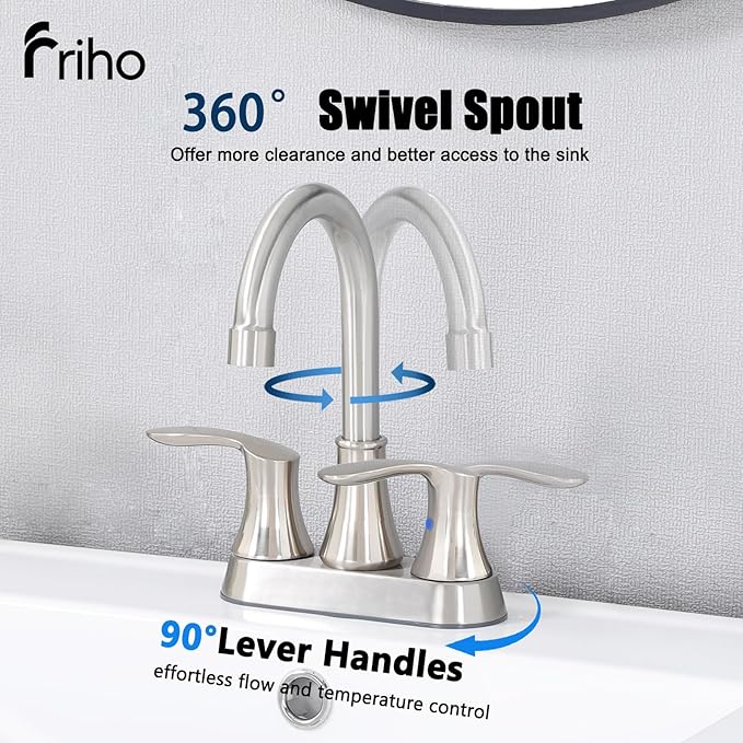 Friho 4 Inch Centerset Bathroom Faucet, Brushed Nickel Bathroom Faucets for Sink 3 Hole, Lead-Free 2 Handle Stainless Steel RV Bath Vanity Faucet with Pop-up Drain and Supply Lines