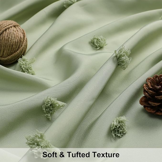 LilyCat Green Farmhouse Tufted Floral Shower Curtain with Tassel, 72" x 72" | Waterproof Boho Fabric Shower Curtain Set with Hooks, Cute Rustic Vintage Bathroom Décor, Minimalist Cloth Bathroom Curtain