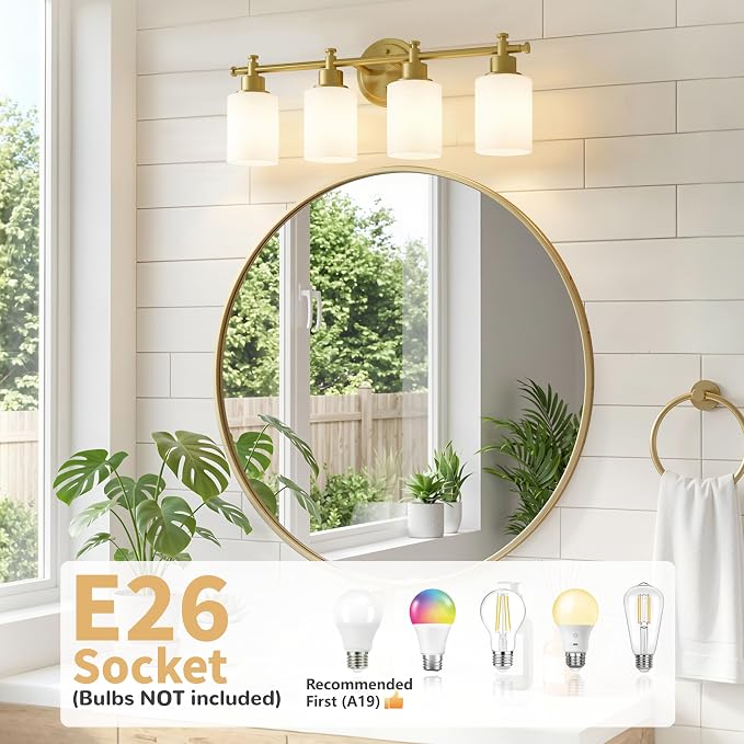 4-Light Brushed Gold Bathroom Vanity Light, Modern Vanity Lights, 23 Inch | 23'' Vanity Light Over Mirror with White Glass Shades, E26 Base Bathroom Wall Light Fixtures for Bathroom Hallway Living Room