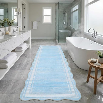 GarveeHome Washable 2x6 Runner Rug for Entryway,Scalloped Bathrooom Rugs Stain-Resistant Easy-Clean Kitchen Rugs with Non-Slip Backing Low Pile Floor Mat Perfect for High-Traffic Areas,Baby Blue