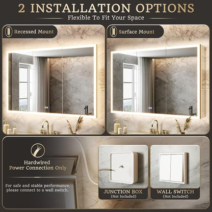 48x32 Lighted Medicine Cabinet, Separate Front & Back Lights | Surface/Recessed LED Medicine Cabinet for Bathroom with Side Mirrors, Dimmable Light, Anti-Fog, Memory,Silver Aluminum Frame