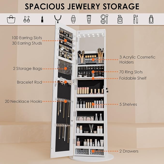 Zamildon's 360° Swivel Jewelry Mirror Cabinet, Lockable Standing Jewelry Armoire with Full Length Mirror, Storage Shelves, Built-in Makeup Mirror (White)