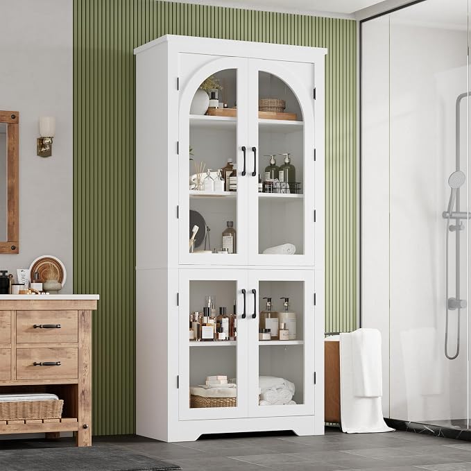 Garvee 70" Tall Kitchen Pantry Cabinet with 4 Arched Glass Doors, White | Modern Display Cabinet with Adjustable Shelves, Versatile Cupboard Organizers for Kitchen, Dining Room, Living Room, Bathroom