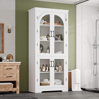 Garvee 70" Tall Kitchen Pantry Cabinet with 4 Arched Glass Doors, White | Modern Display Cabinet with Adjustable Shelves, Versatile Cupboard Organizers for Kitchen, Dining Room, Living Room, Bathroom