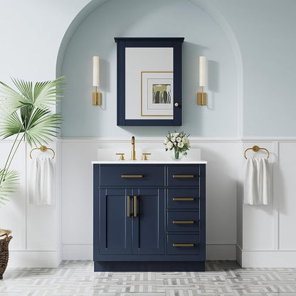 36-Inch Bathroom Vanity with Sink W/ 2 Doors & 4 Drawers & 1 Flip Drawer, Navy Blue Vanity W/Brushed Gold Handles